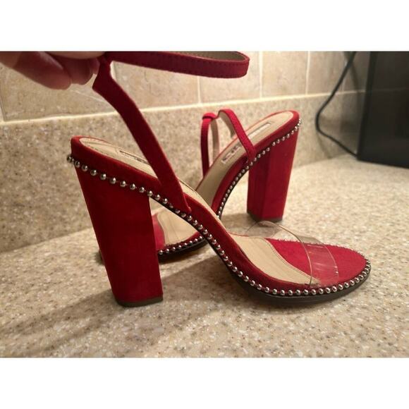 Liliana Red suede 4.5 inch heel clear toe strap gold accents Size 7 - Picture 1 of 10